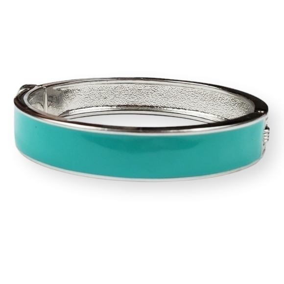 Turquoise Enamel Cuff Bracelet Clamper Shiny Silver Tone Scrolled Colorful 7" - Picture 3 of 5